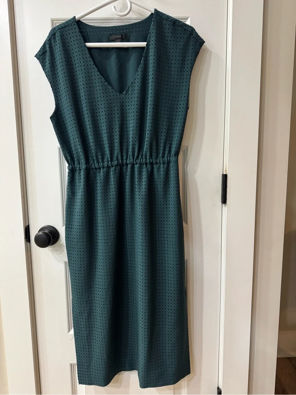 J. Crew Forest Green V-Neck Midi Dress with Subtle Dot Detail